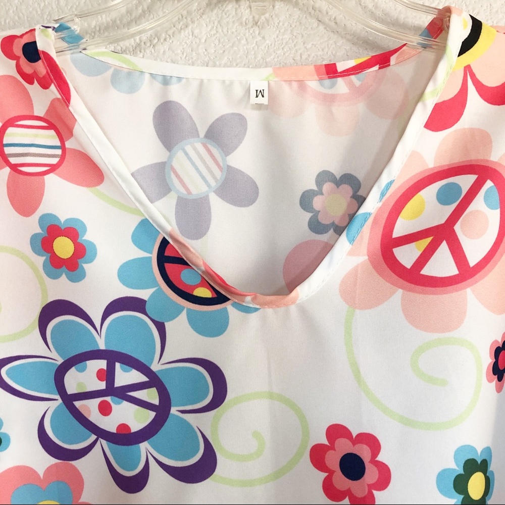 Vintage Colorful Floral & Peace Sign Top Sz Medium - Picture 3 of 8